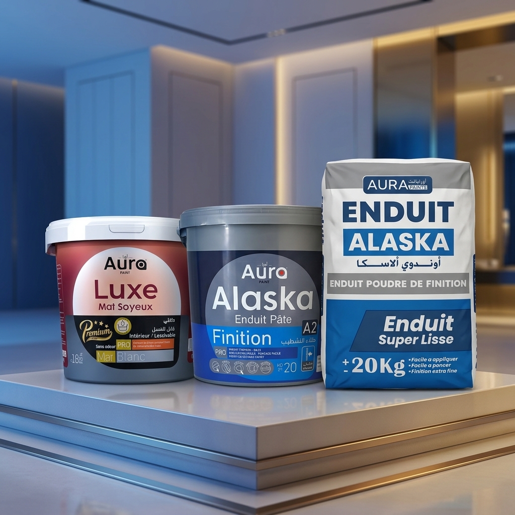 Gamme de pots de peinture AURA Paint dans un showroom